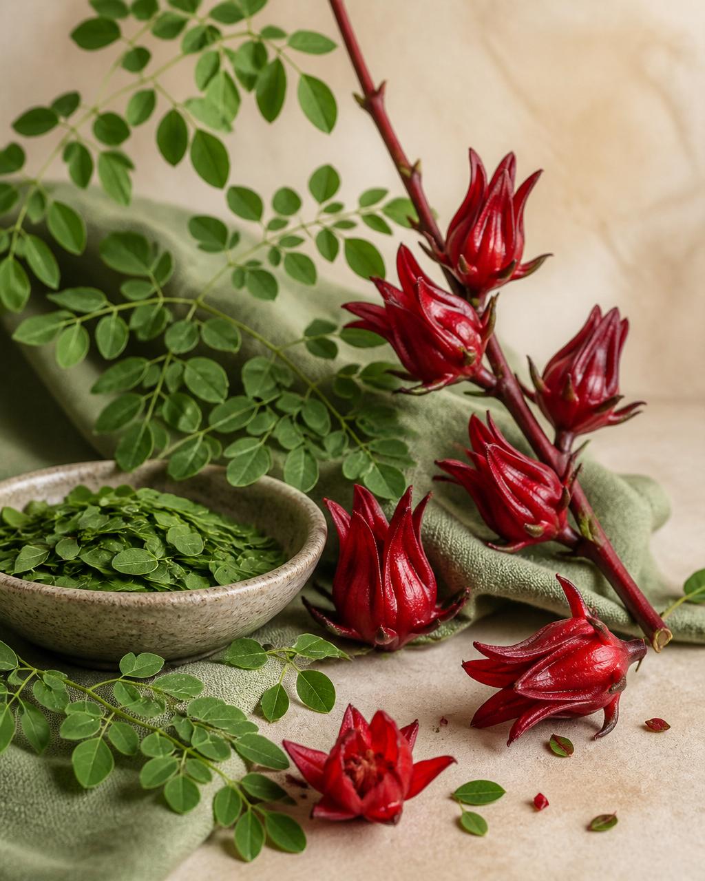 Feuilles de moringa fraîches et fleurs d'hibiscus Sabdariffa