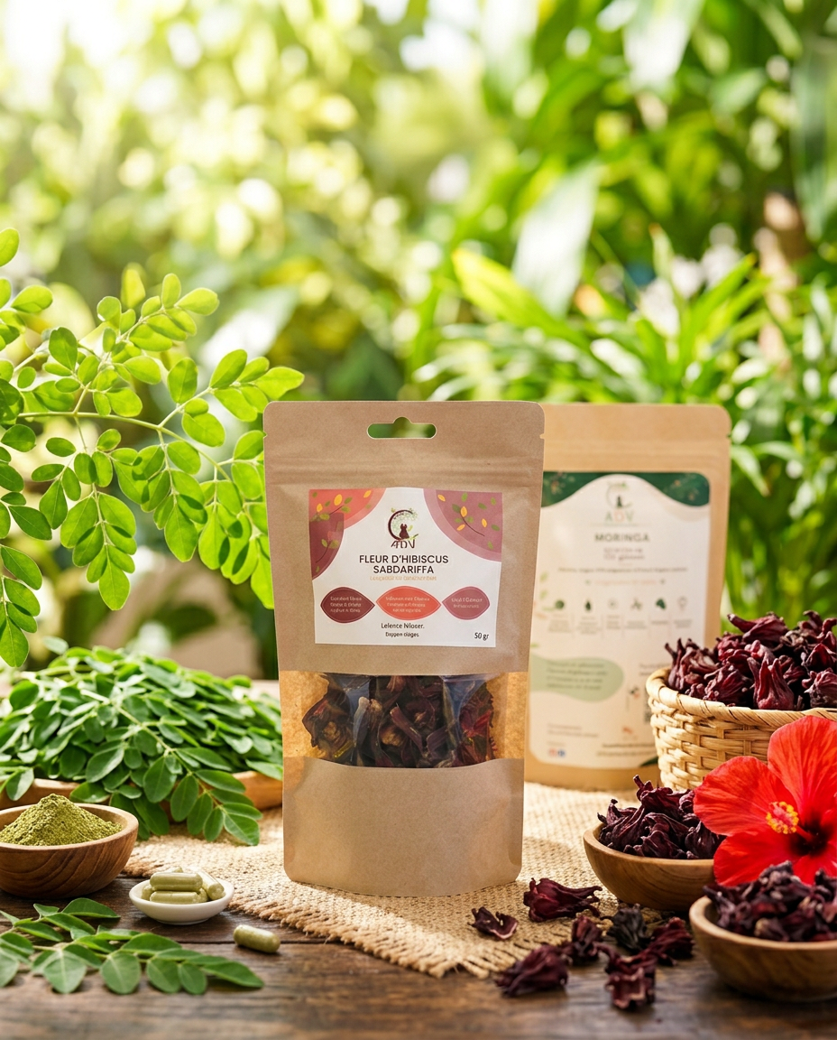 Sachets ADV Moringa et Fleur d'Hibiscus Sabdariffa entourés de feuilles de moringa fraîches et de calices d'hibiscus séchés